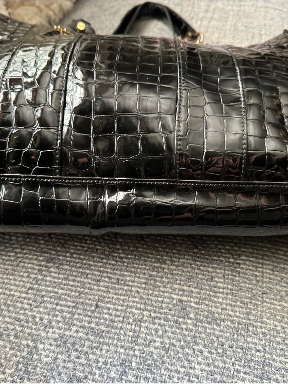 Tory Burch Black Croc-Embossed Patent Leather Tote Shoulder Bag Gold Hardware